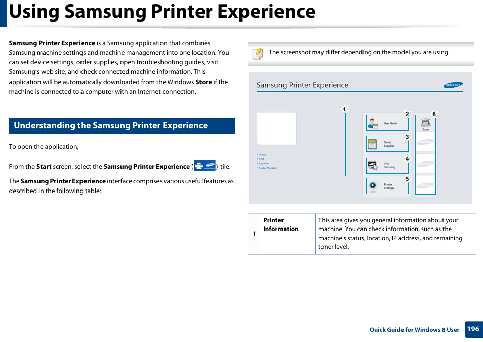 Using samsung printer experience, Understanding the samsung printer experience | Samsung CLP-365W-XAC User Manual | Page 196 / 224