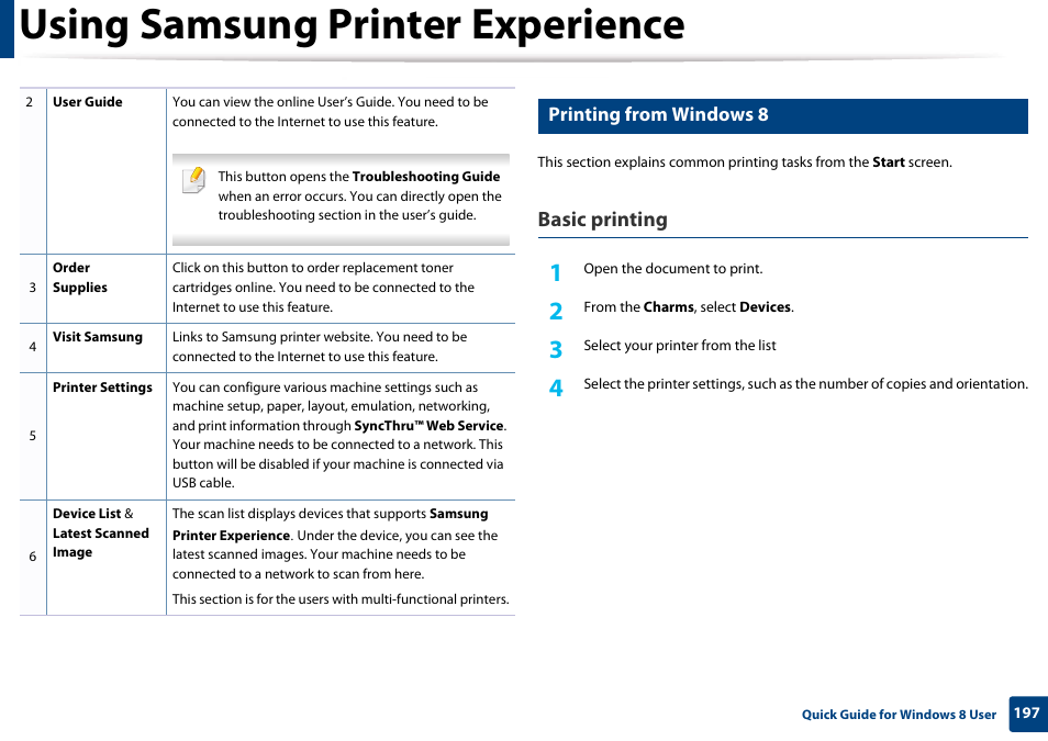 Using samsung printer experience, Basic printing, Printing from windows 8 | Samsung CLP-365W-XAC User Manual | Page 197 / 224