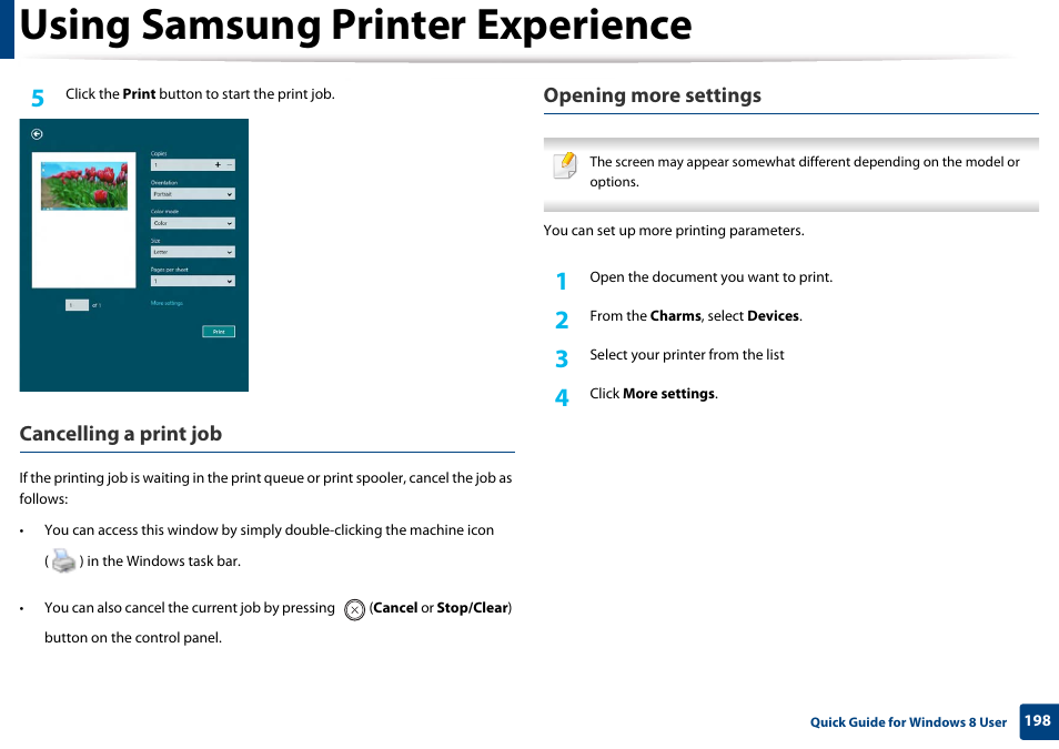 Using samsung printer experience, Cancelling a print job, Opening more settings | Samsung CLP-365W-XAC User Manual | Page 198 / 224