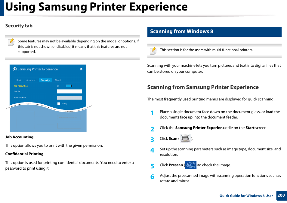 Using samsung printer experience, Scanning from samsung printer experience, Scanning from windows 8 | Samsung CLP-365W-XAC User Manual | Page 200 / 224