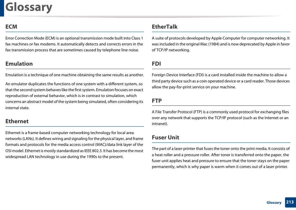Glossary, Emulation, Ethernet | Ethertalk, Fuser unit | Samsung CLP-365W-XAC User Manual | Page 213 / 224