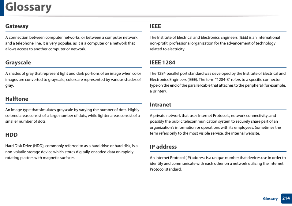 Glossary, Gateway, Grayscale | Halftone, Ieee, Ieee 1284, Intranet, Ip address | Samsung CLP-365W-XAC User Manual | Page 214 / 224