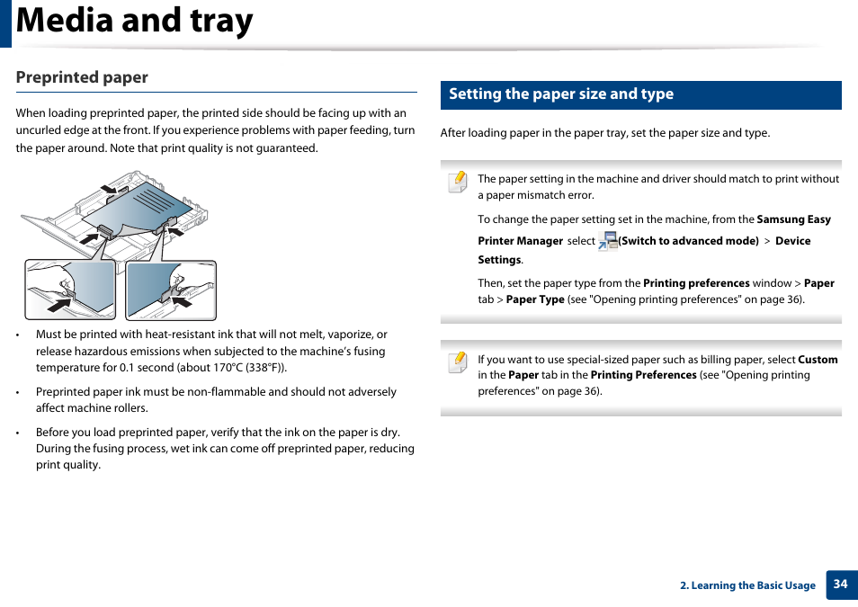 Media and tray, Preprinted paper, Setting the paper size and type | Samsung CLP-365W-XAC User Manual | Page 34 / 224