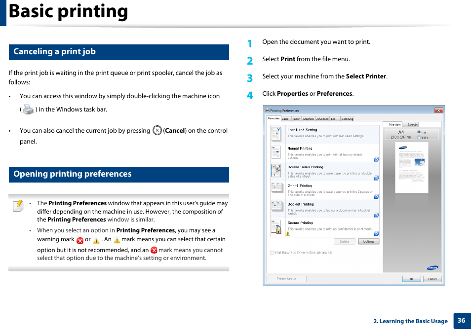 Basic printing, Canceling a print job, Opening printing preferences | Samsung CLP-365W-XAC User Manual | Page 36 / 224