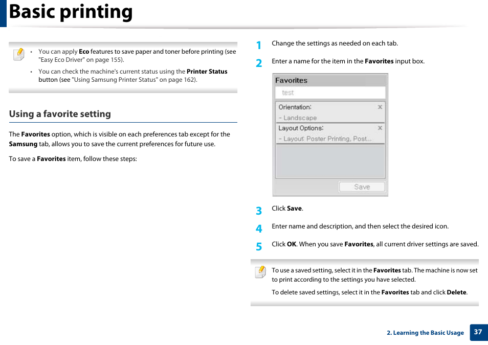 Basic printing, Using a favorite setting | Samsung CLP-365W-XAC User Manual | Page 37 / 224