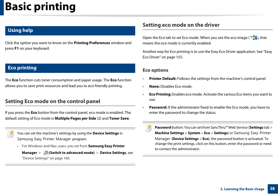 Basic printing, Setting eco mode on the control panel, Setting eco mode on the driver | Using help, Eco printing, Eco options | Samsung CLP-365W-XAC User Manual | Page 38 / 224