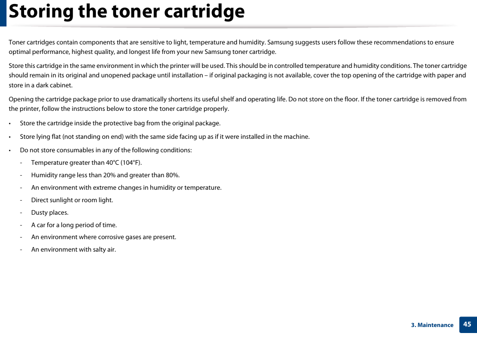 Storing the toner cartridge | Samsung CLP-365W-XAC User Manual | Page 45 / 224