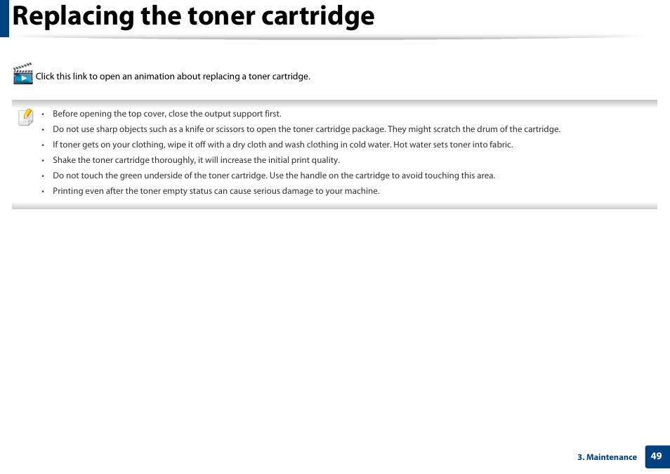 Replacing the toner cartridge | Samsung CLP-365W-XAC User Manual | Page 49 / 224
