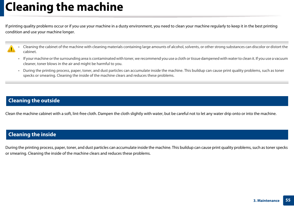 Cleaning the machine, Cleaning the outside, Cleaning the inside | Samsung CLP-365W-XAC User Manual | Page 55 / 224