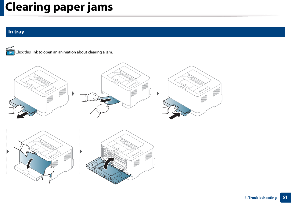 Clearing paper jams | Samsung CLP-365W-XAC User Manual | Page 61 / 224