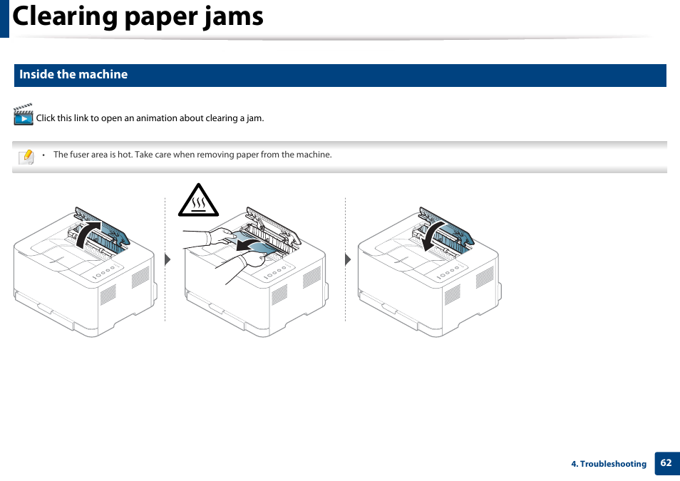 Clearing paper jams, Inside the machine | Samsung CLP-365W-XAC User Manual | Page 62 / 224