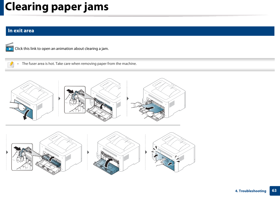 Clearing paper jams | Samsung CLP-365W-XAC User Manual | Page 63 / 224