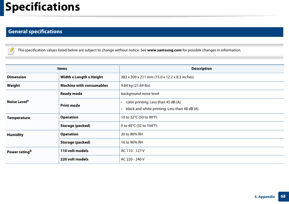 Specifications, General specifications | Samsung CLP-365W-XAC User Manual | Page 68 / 224