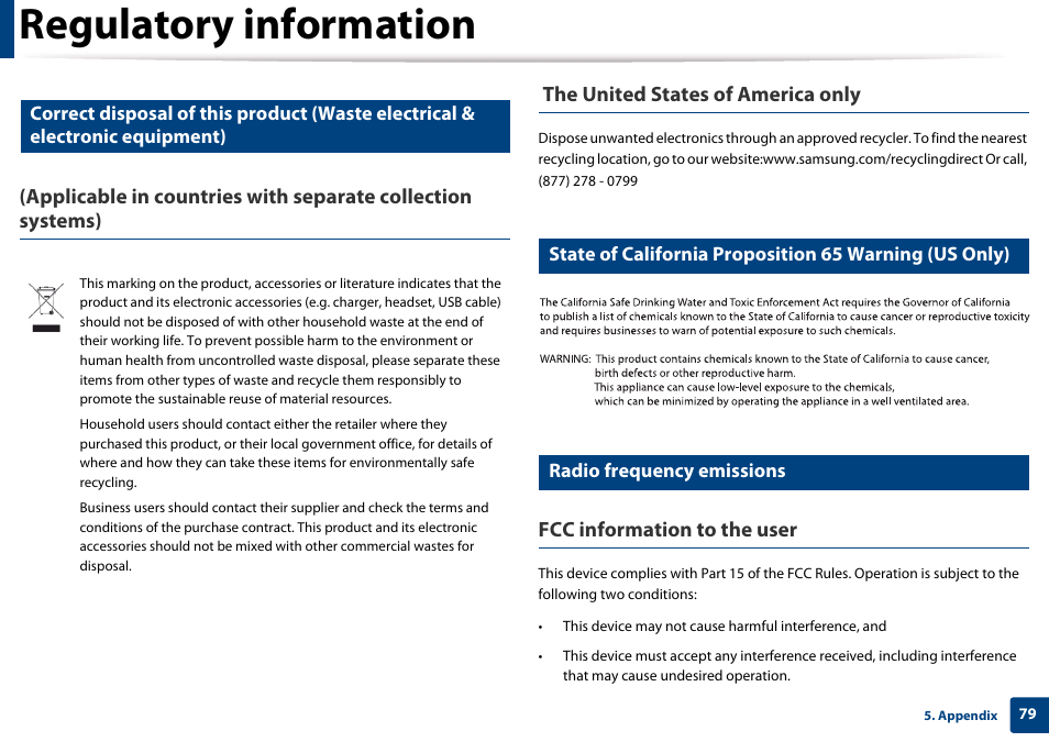 Regulatory information, Fcc information to the user, Radio frequency emissions | Samsung CLP-365W-XAC User Manual | Page 79 / 224