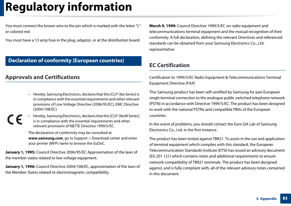 Regulatory information, Approvals and certifications, Ec certification | Declaration of conformity (european countries) | Samsung CLP-365W-XAC User Manual | Page 83 / 224