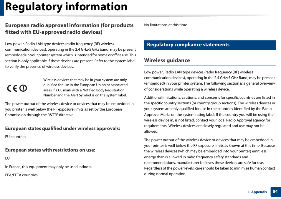 Regulatory information, Wireless guidance, Regulatory compliance statements | Samsung CLP-365W-XAC User Manual | Page 84 / 224