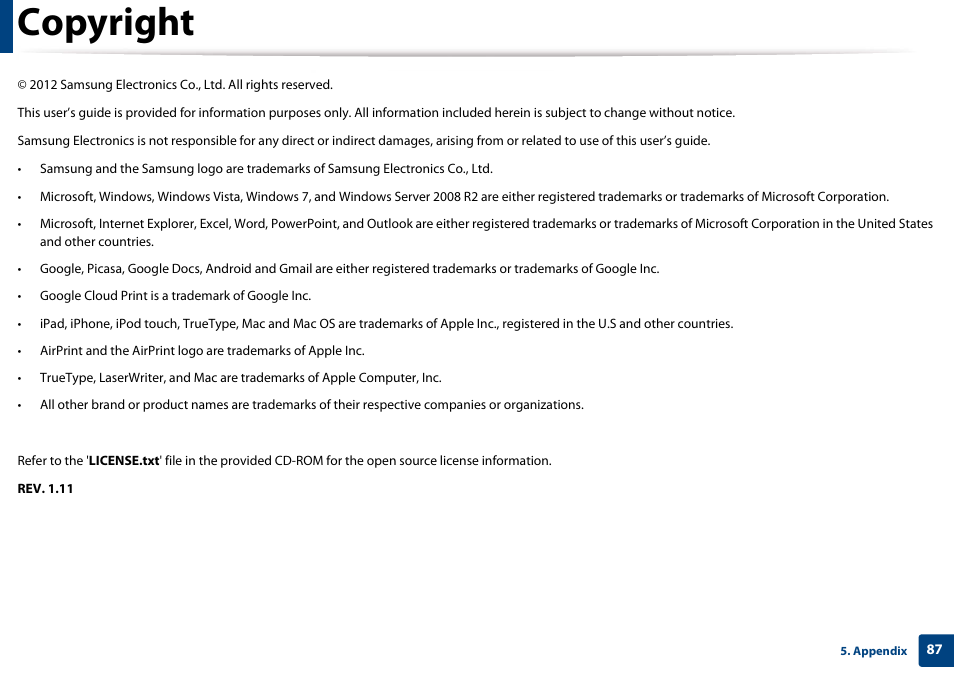 Copyright | Samsung CLP-365W-XAC User Manual | Page 87 / 224