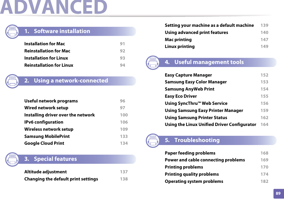 Advanced, Software installation, Using a network-connected machine | Special features, Useful management tools, Troubleshooting | Samsung CLP-365W-XAC User Manual | Page 89 / 224