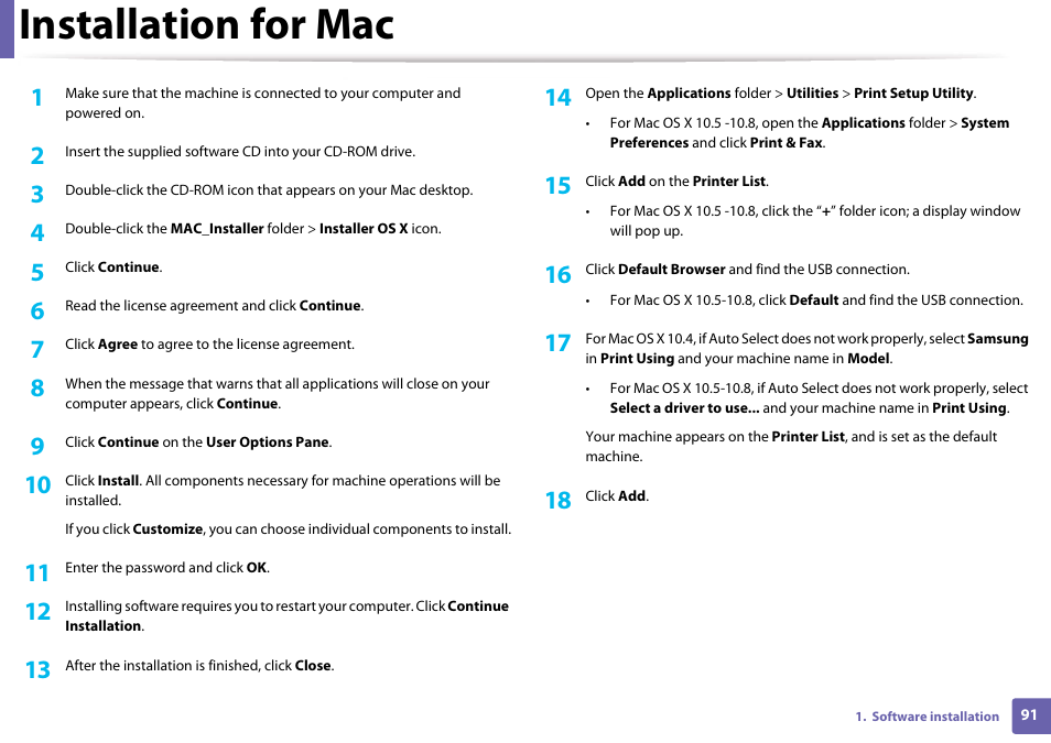 Installation for mac | Samsung CLP-365W-XAC User Manual | Page 91 / 224