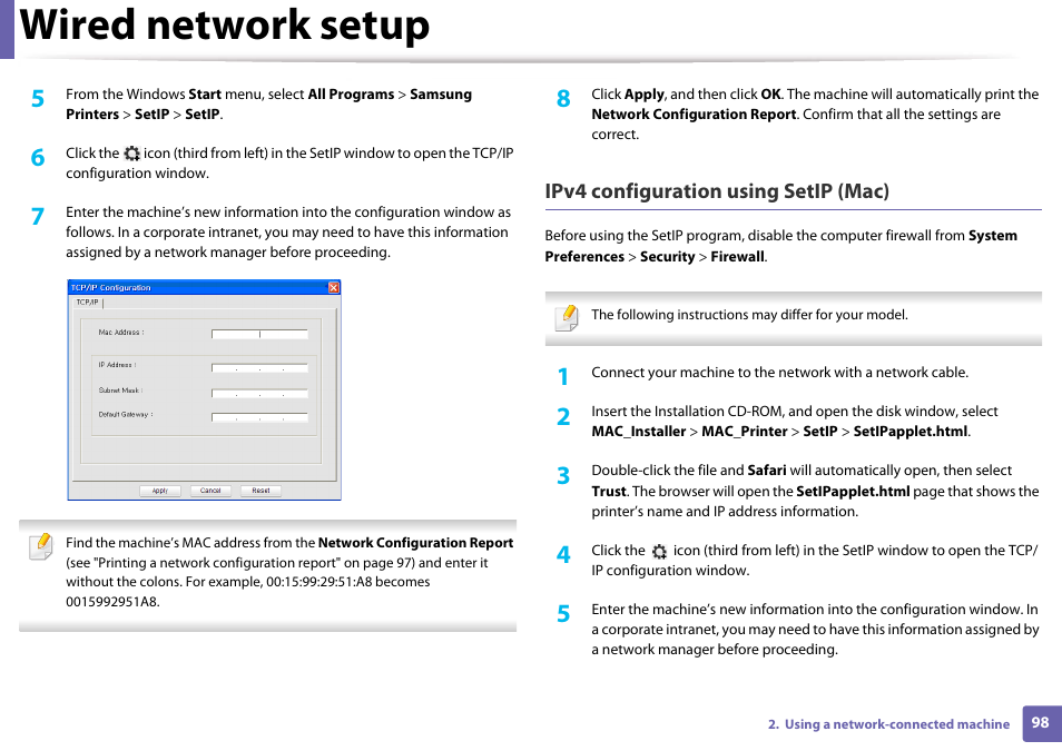 Wired network setup, Ipv4 configuration using setip (mac) | Samsung CLP-365W-XAC User Manual | Page 98 / 224