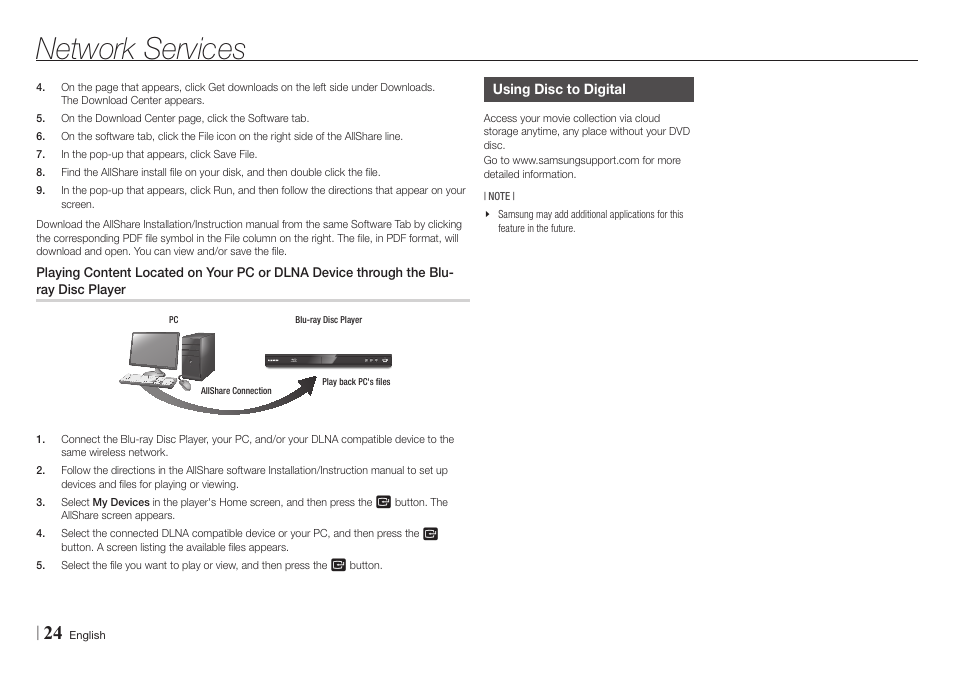 Using disc to digital, Network services | Samsung BD-EM57C-ZA User Manual | Page 24 / 34