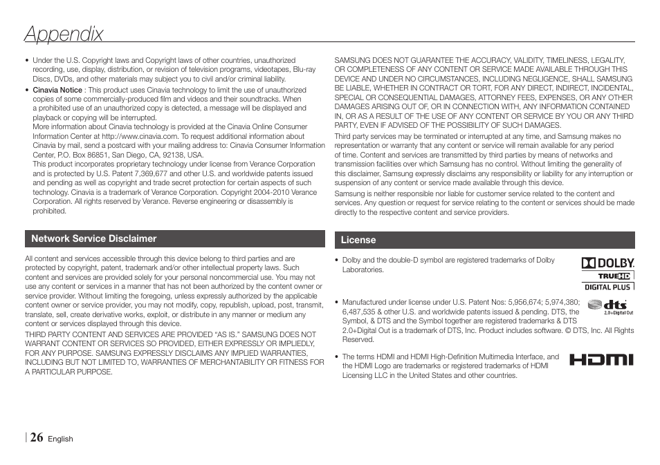 Network service disclaimer, License, Appendix | Samsung BD-EM57C-ZA User Manual | Page 26 / 34