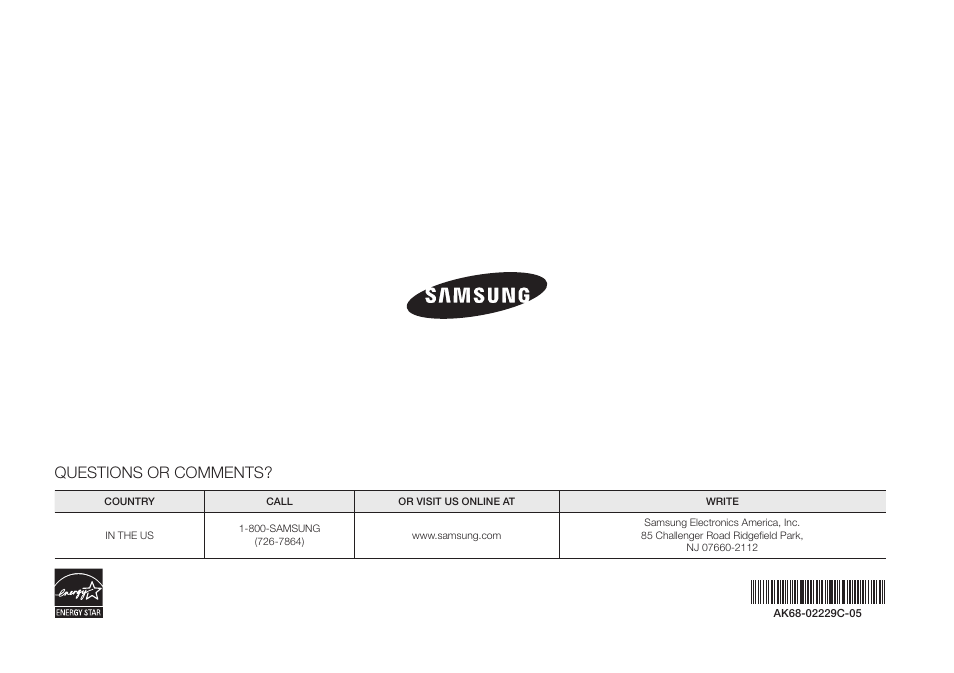 Questions or comments | Samsung BD-EM57C-ZA User Manual | Page 34 / 34