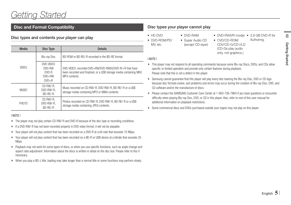 Getting started, Disc and format compatibility, Disc types and contents your player can play | Disc types your player cannot play | Samsung BD-EM57C-ZA User Manual | Page 5 / 34