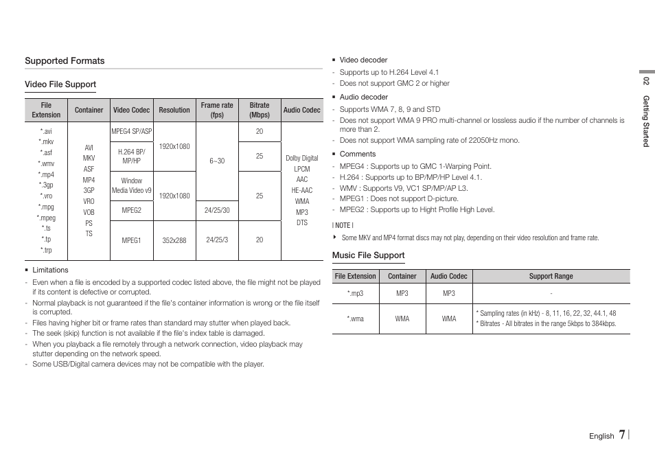 Supported formats | Samsung BD-EM57C-ZA User Manual | Page 7 / 34