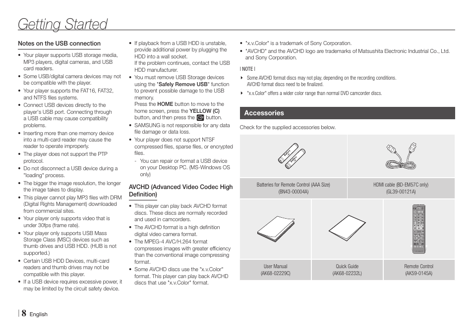 Accessories, Getting started | Samsung BD-EM57C-ZA User Manual | Page 8 / 34