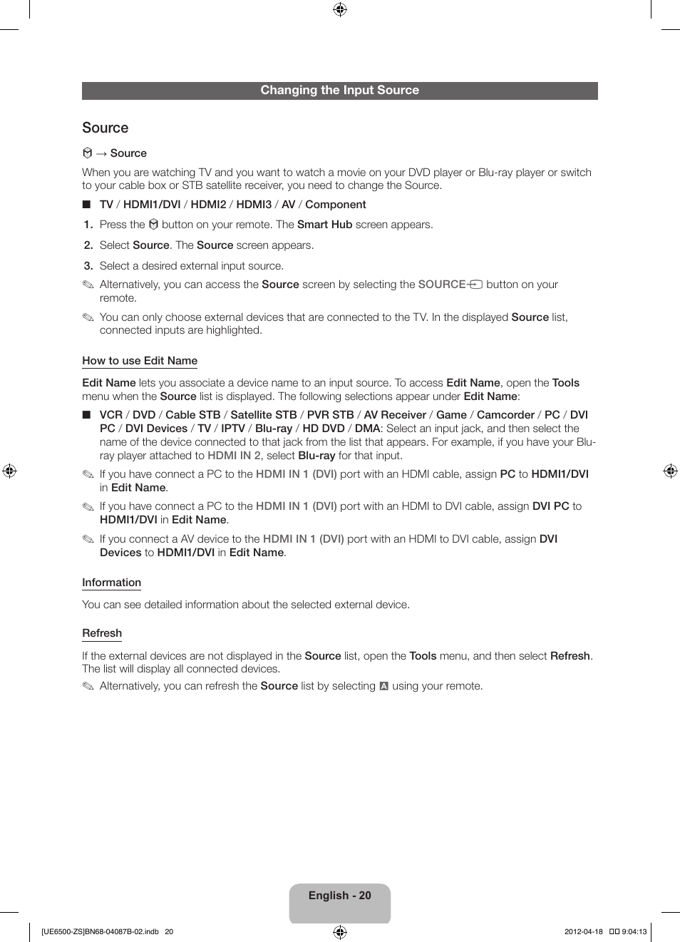 Source | Samsung UN46ES6500GXZE User Manual | Page 20 / 69