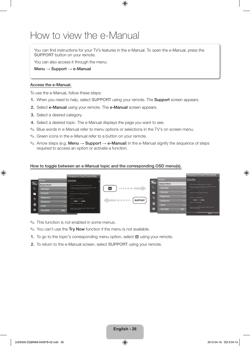 How to view the e-manual, English - 26, This function is not enabled in some menus | Samsung UN46ES6500GXZE User Manual | Page 26 / 69