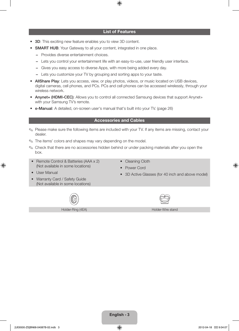 Samsung UN46ES6500GXZE User Manual | Page 3 / 69