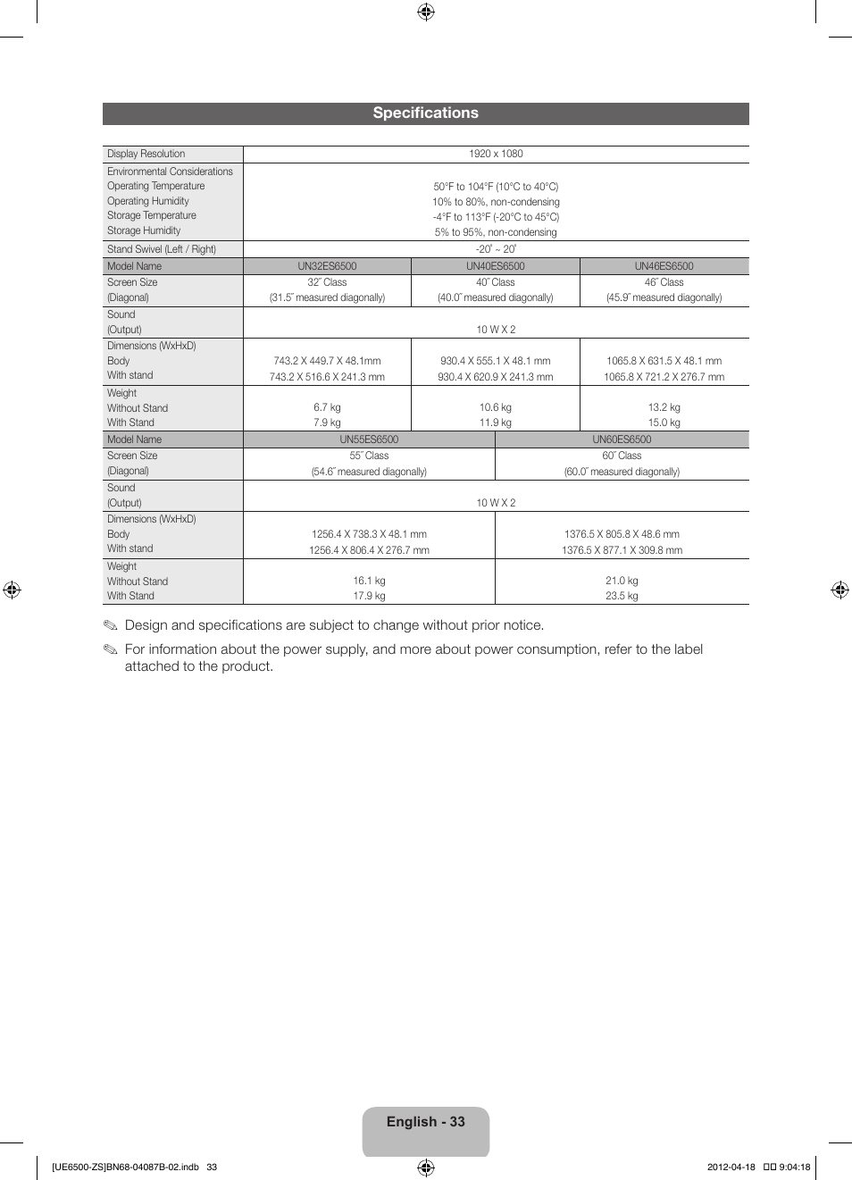 Specifications | Samsung UN46ES6500GXZE User Manual | Page 33 / 69