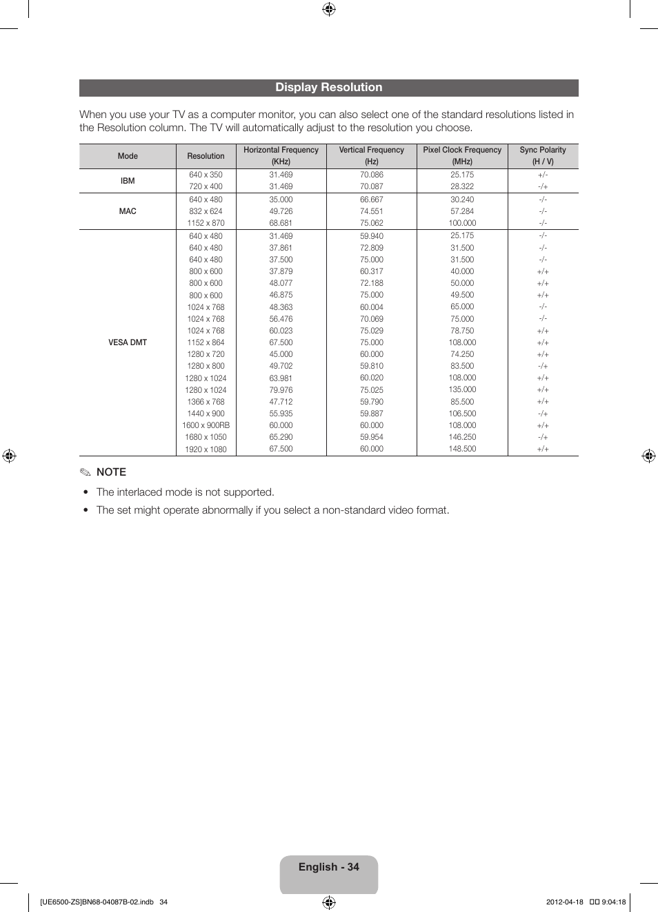 Display resolution | Samsung UN46ES6500GXZE User Manual | Page 34 / 69
