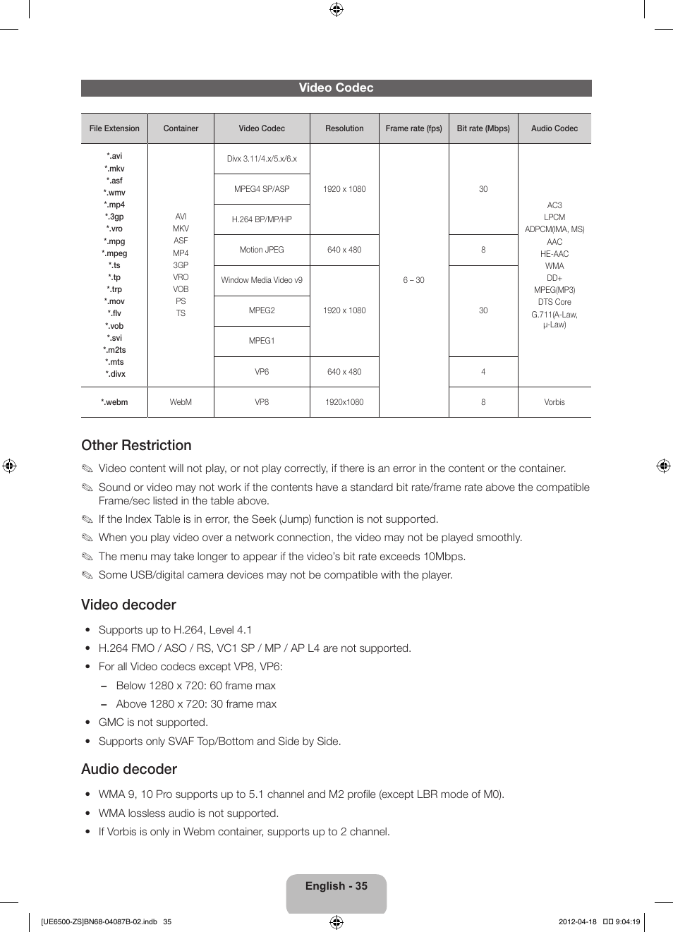 Other restriction, Video decoder, Audio decoder | Samsung UN46ES6500GXZE User Manual | Page 35 / 69