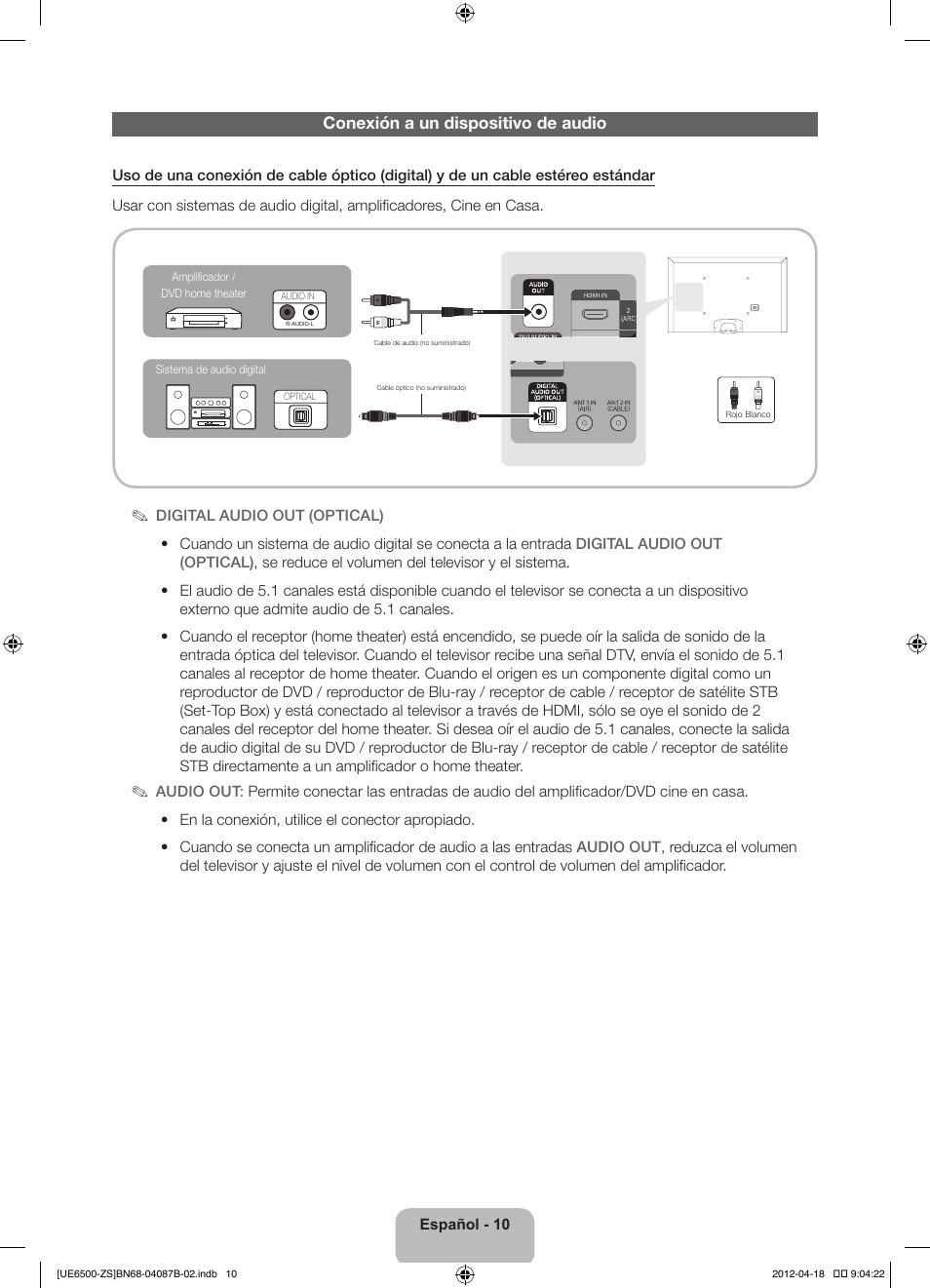 Conexión a un dispositivo de audio | Samsung UN46ES6500GXZE User Manual | Page 44 / 69