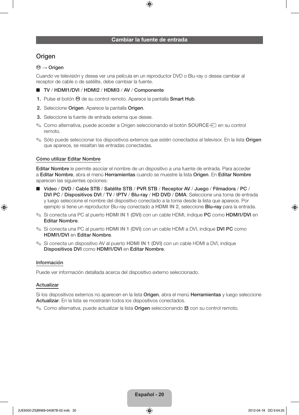 Origen | Samsung UN46ES6500GXZE User Manual | Page 54 / 69