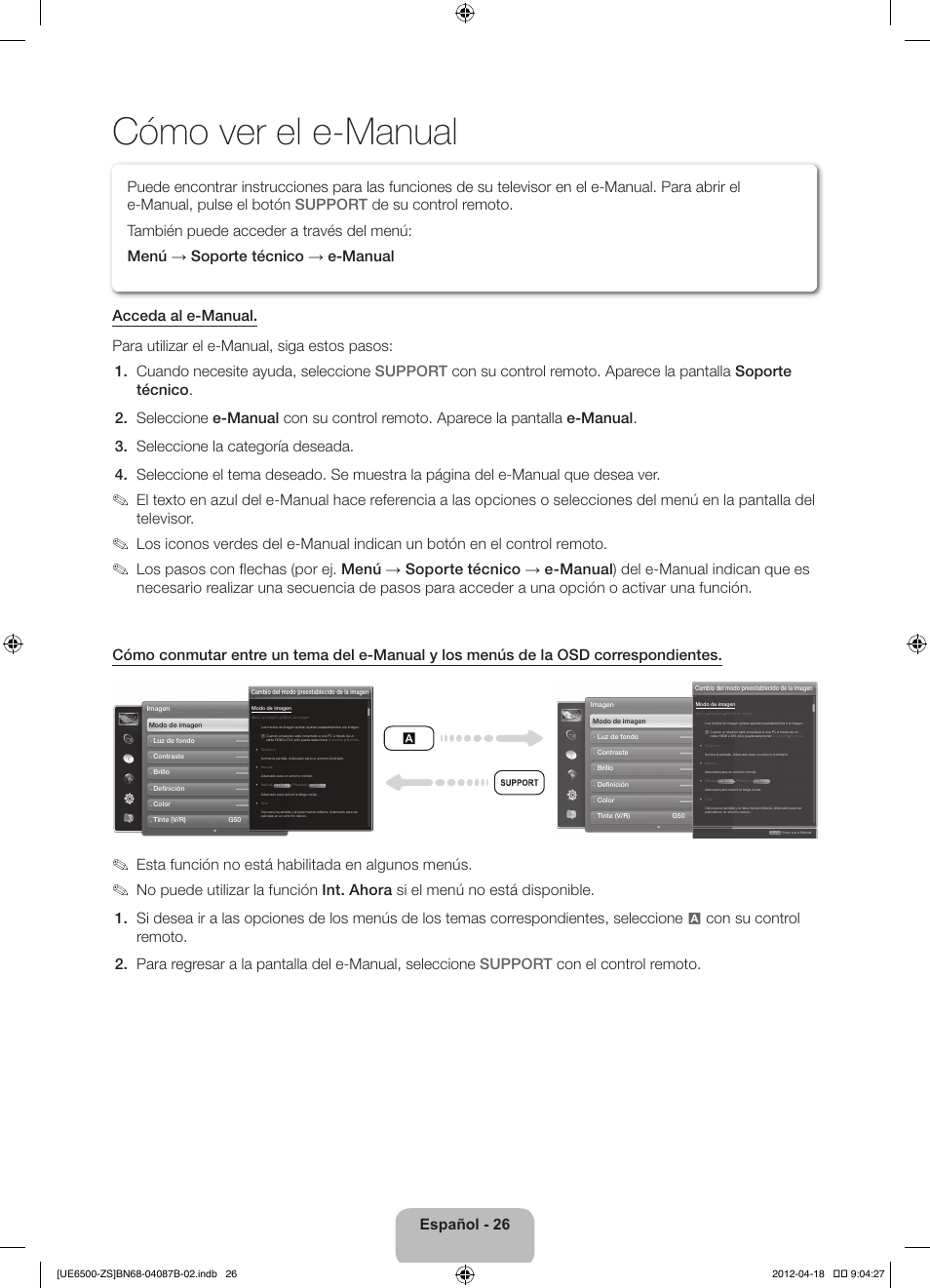 Cómo ver el e-manual, Español - 26, Esta función no está habilitada en algunos menús | Samsung UN46ES6500GXZE User Manual | Page 60 / 69