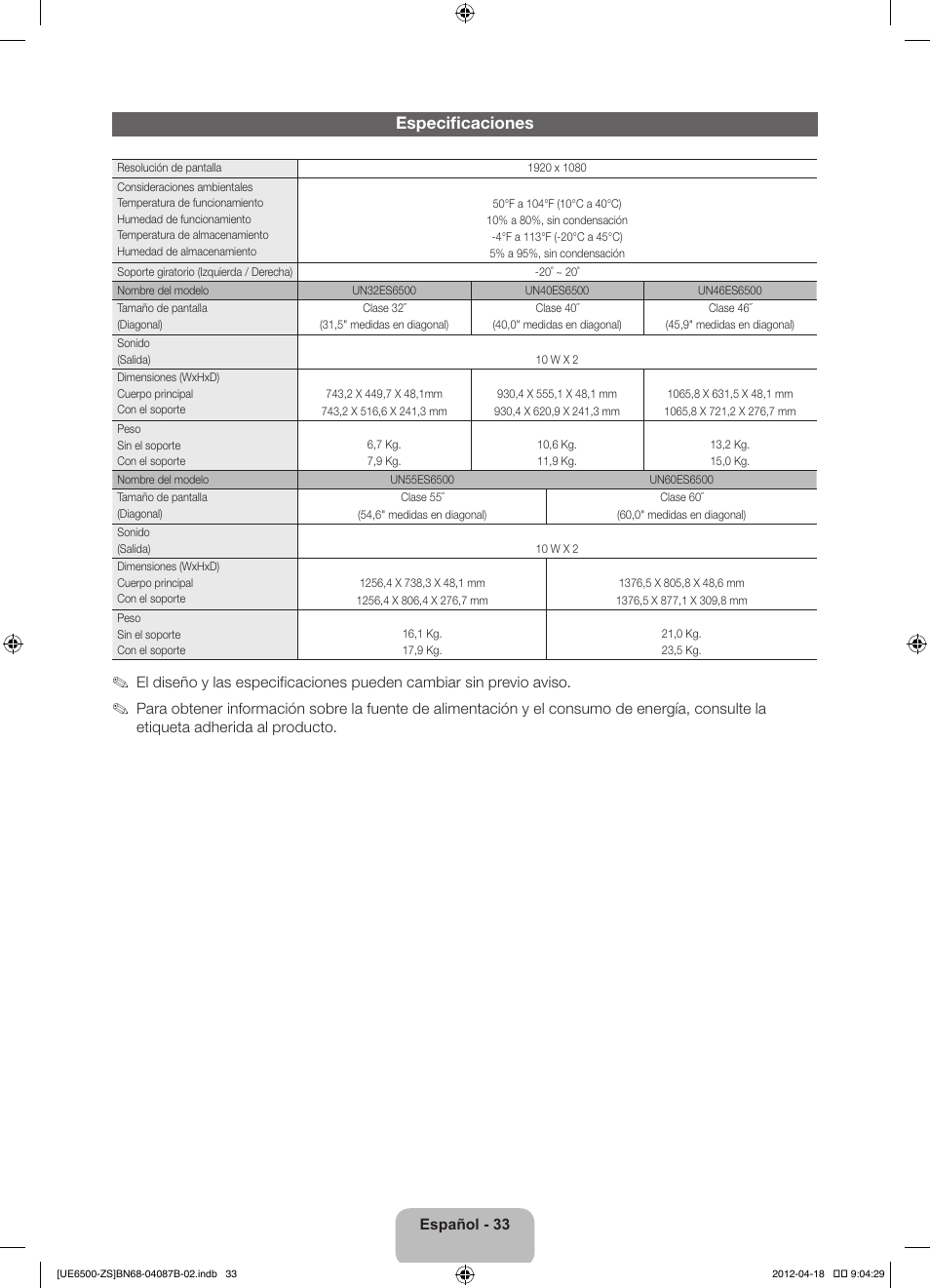 Especificaciones | Samsung UN46ES6500GXZE User Manual | Page 67 / 69