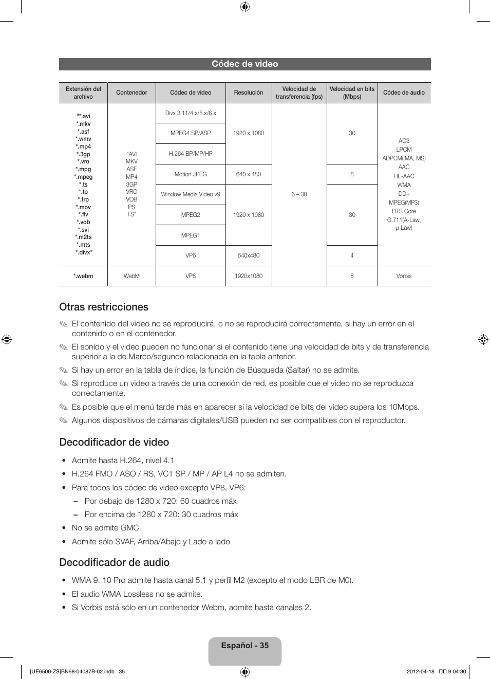 Otras restricciones, Decodificador de video, Decodificador de audio | Códec de video | Samsung UN46ES6500GXZE User Manual | Page 69 / 69