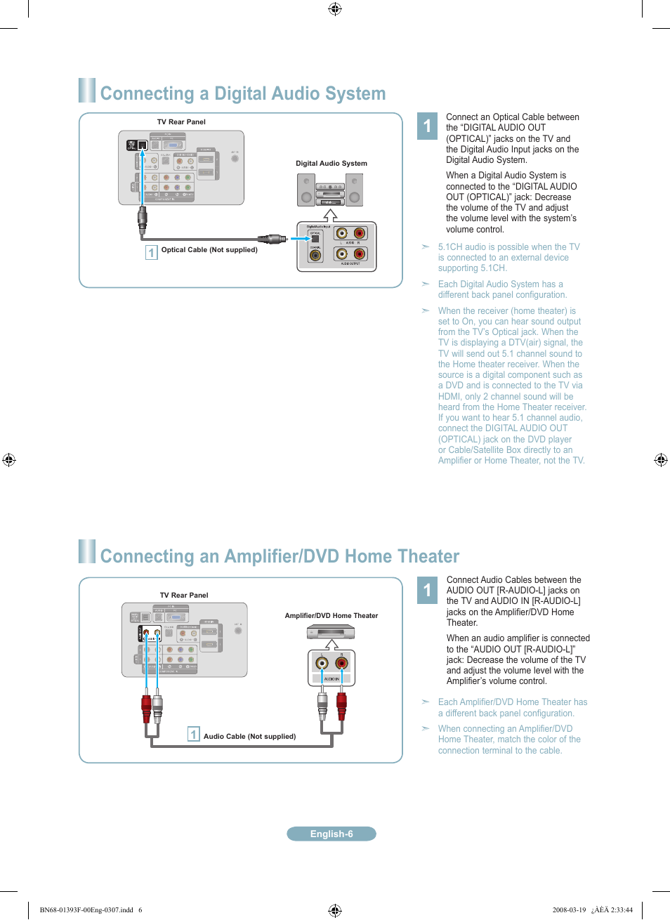 Connecting a digital audio system, Connecting an amplifier/dvd home theater | Samsung LN40A540P2FXZA User Manual | Page 6 / 12