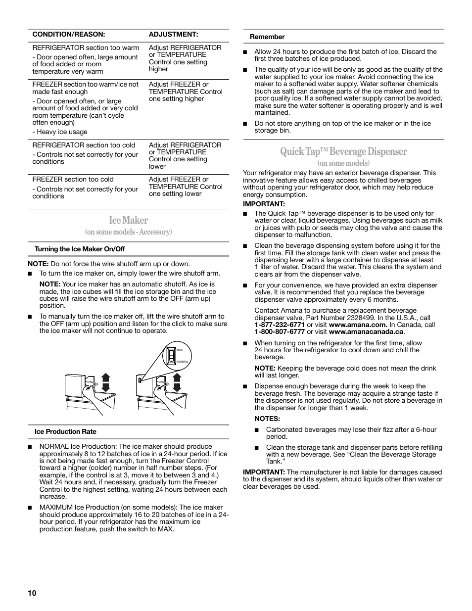 Ice maker, Quick tap™ beverage dispenser, On some models - accessory) | On some models) | Amana W10211609A User Manual | Page 10 / 48