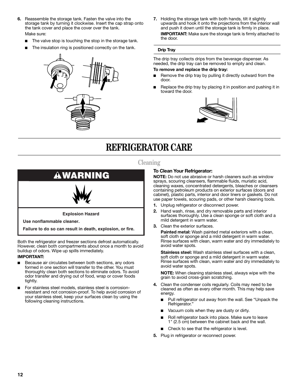 Refrigerator care, Warning, Cleaning | Amana W10211609A User Manual | Page 12 / 48