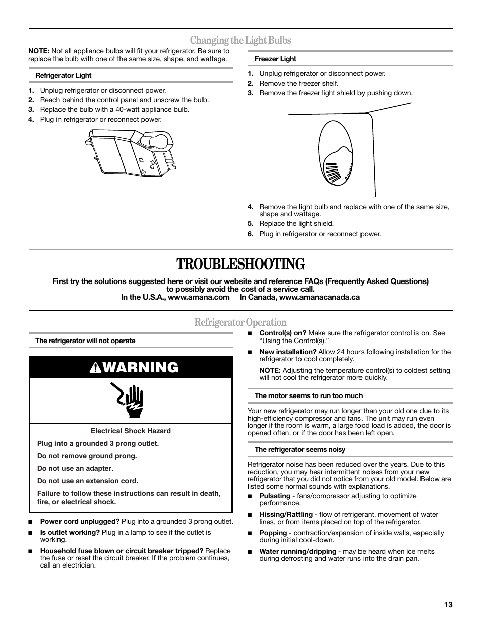 Troubleshooting, Warning, Changing the light bulbs | Refrigerator operation | Amana W10211609A User Manual | Page 13 / 48