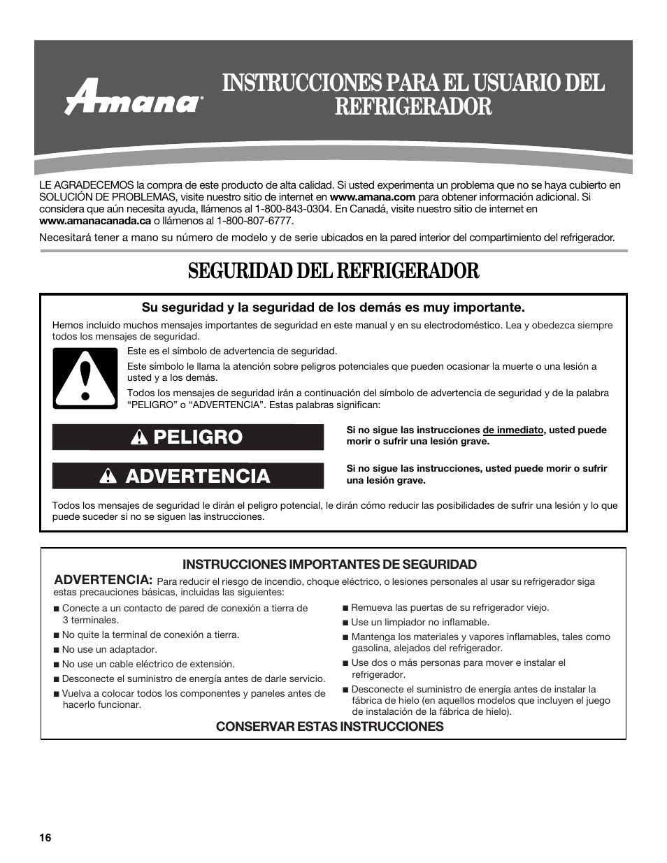 Instrucciones para el usuario del refrigerador, Seguridad del refrigerador, Advertencia peligro | Amana W10211609A User Manual | Page 16 / 48