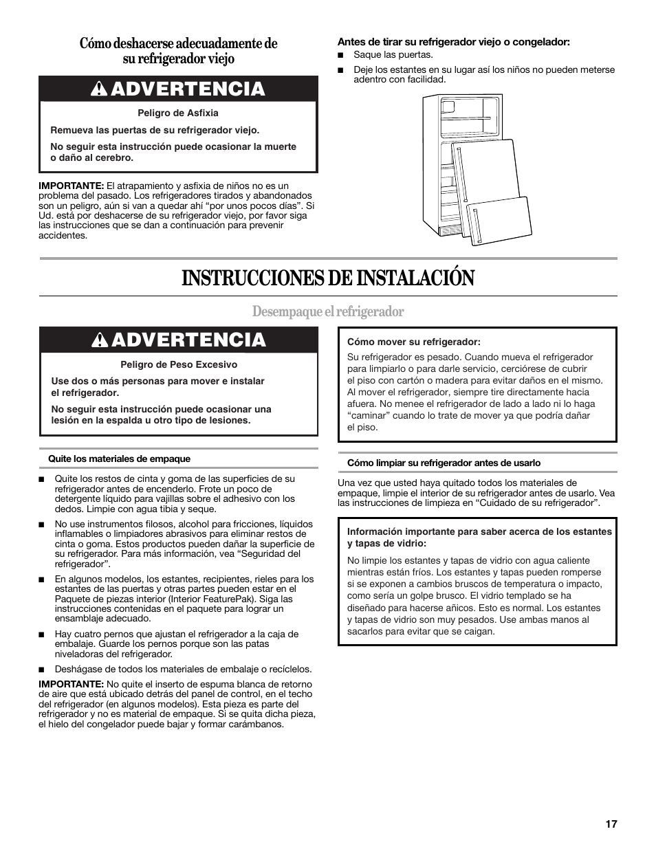 Instrucciones de instalación, Advertencia, Desempaque el refrigerador | Amana W10211609A User Manual | Page 17 / 48