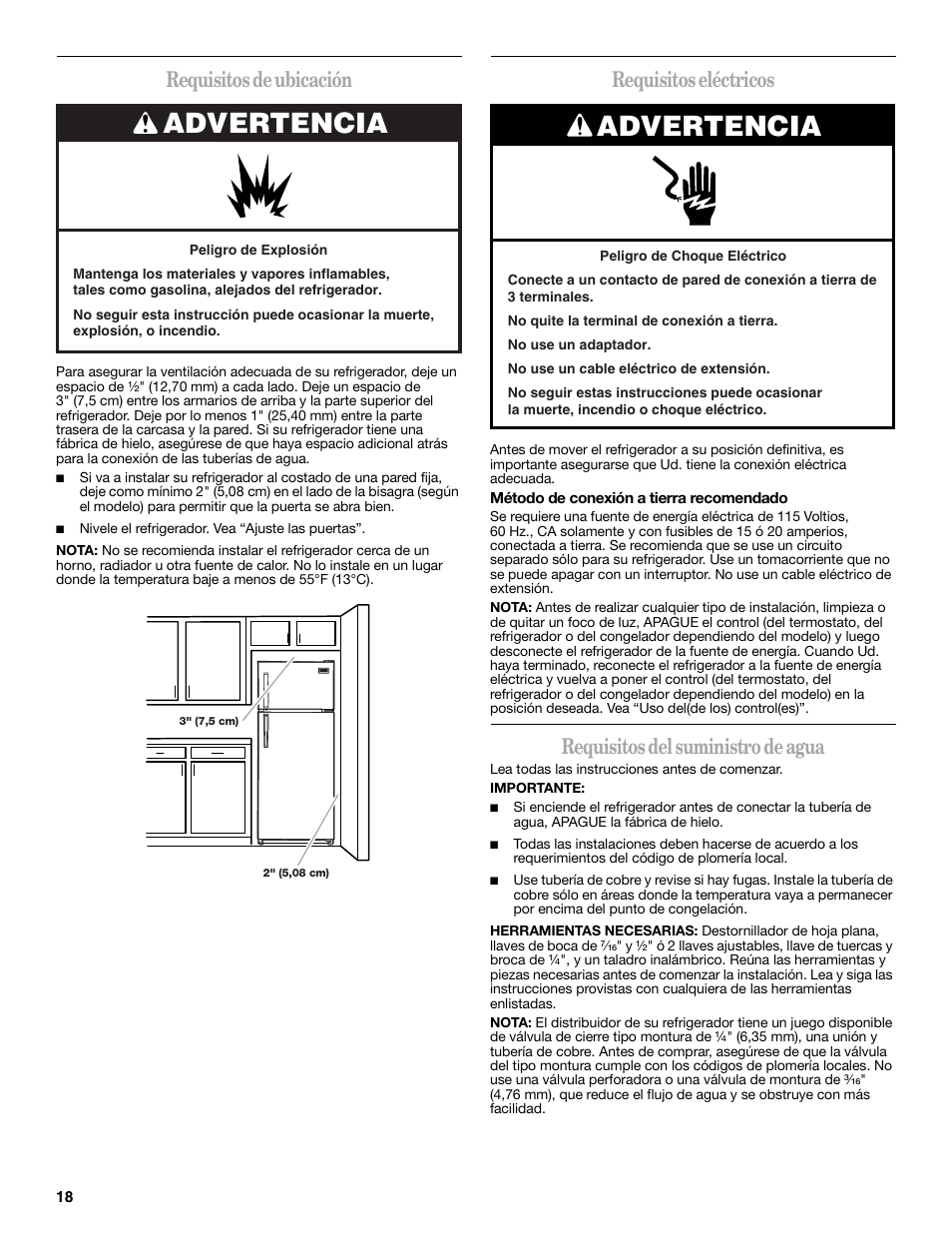 Advertencia, Requisitos de ubicación, Requisitos eléctricos | Requisitos del suministro de agua | Amana W10211609A User Manual | Page 18 / 48