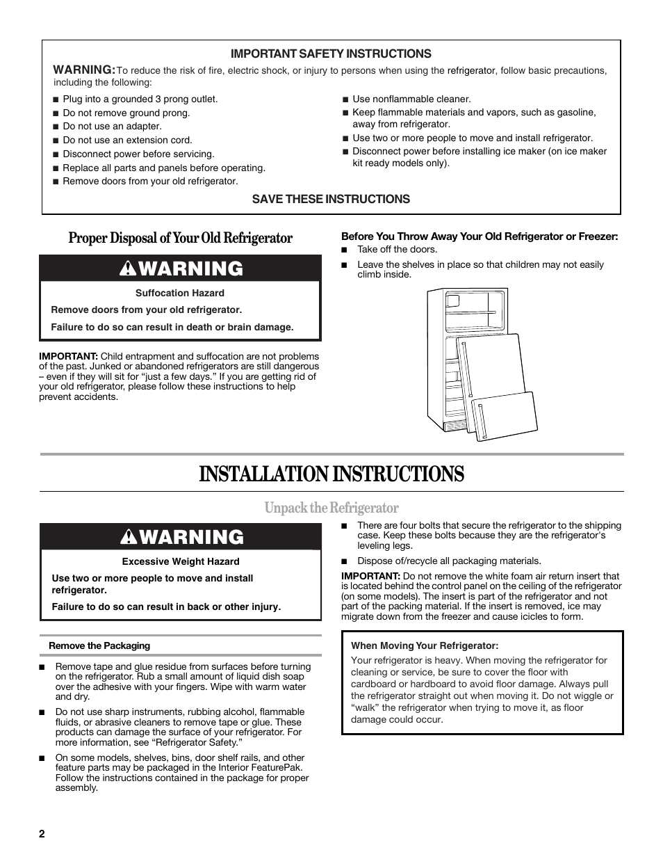 Installation instructions, Warning, Proper disposal of your old refrigerator | Unpack the refrigerator | Amana W10211609A User Manual | Page 2 / 48