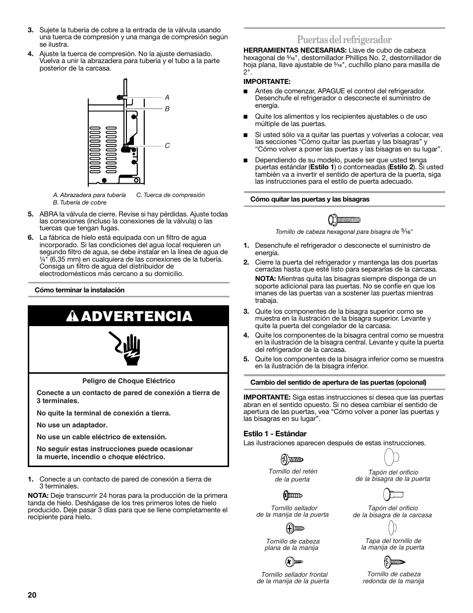 Advertencia, Puertas del refrigerador | Amana W10211609A User Manual | Page 20 / 48